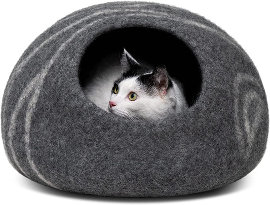 Cat Cave – Premium Felt Cat Bed Bed Enclosure for Indoor Cats, Handmade Merino Wool (Dark Grey, Medium)