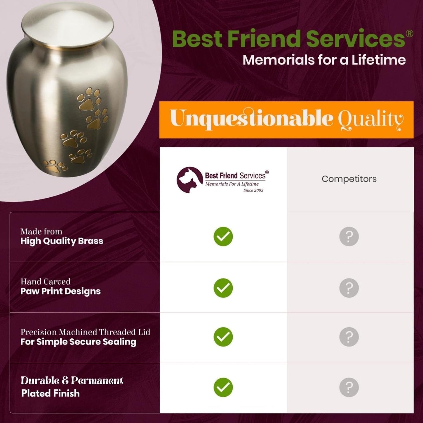 Ottillie Paws Legacy Series Pet Urn for Dogs and Cats, Handmade Brass Memorial Cremation Urn (Small - Pets up to 25 Lbs, Pewter, Vertical Brass Paws)