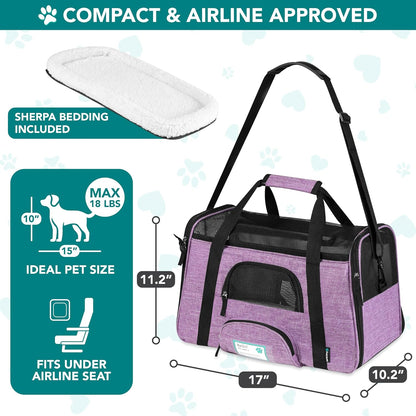 Airline Approved Pet Carrier for Cats & Small Dogs, Soft Sided TSA Travel Carrier Bag with Sherpa Bed, Breathable Mesh Ventilation, Collapsible Bowl, up to 18 Lbs, Small Heather Purple